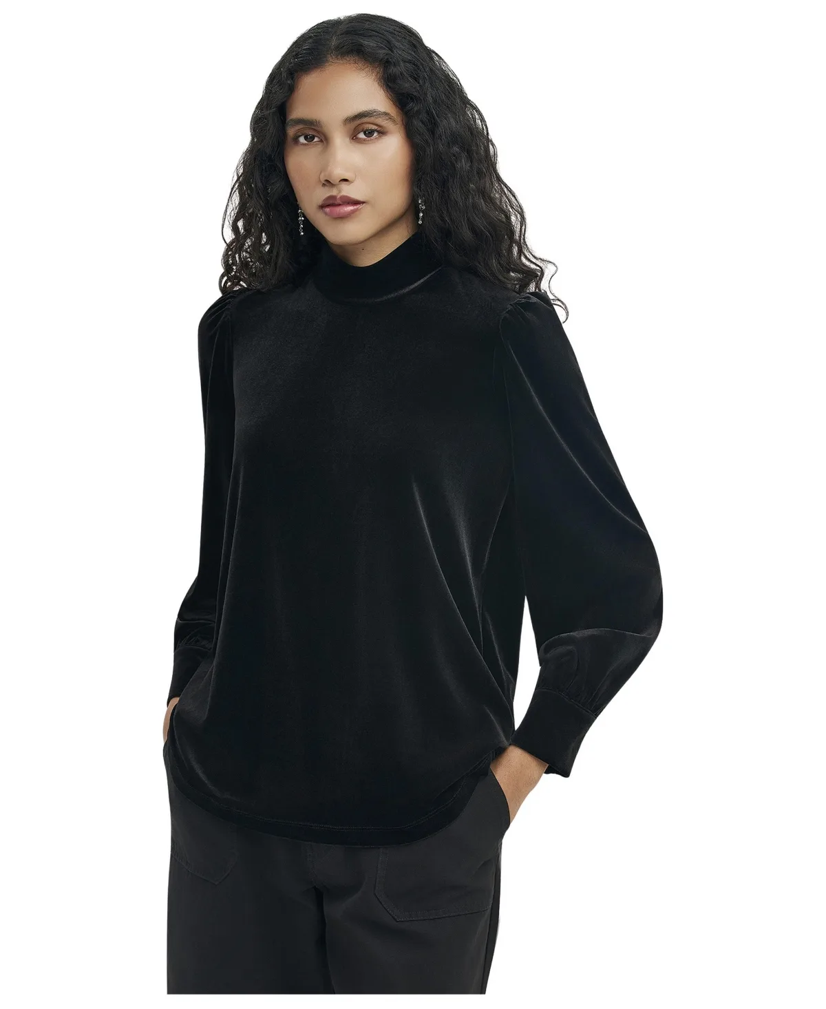 Clementine Velvet Balloon-Sleeve High-Neck Blouse by Finery London