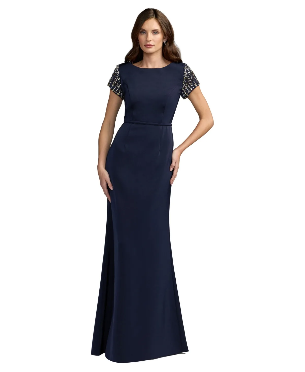 Beaded Cap Sleeve Beteau Column Dress