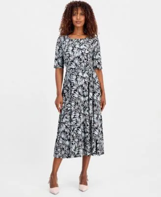 Printed Elbow Sleeve Fit Flare Dress by Kasper