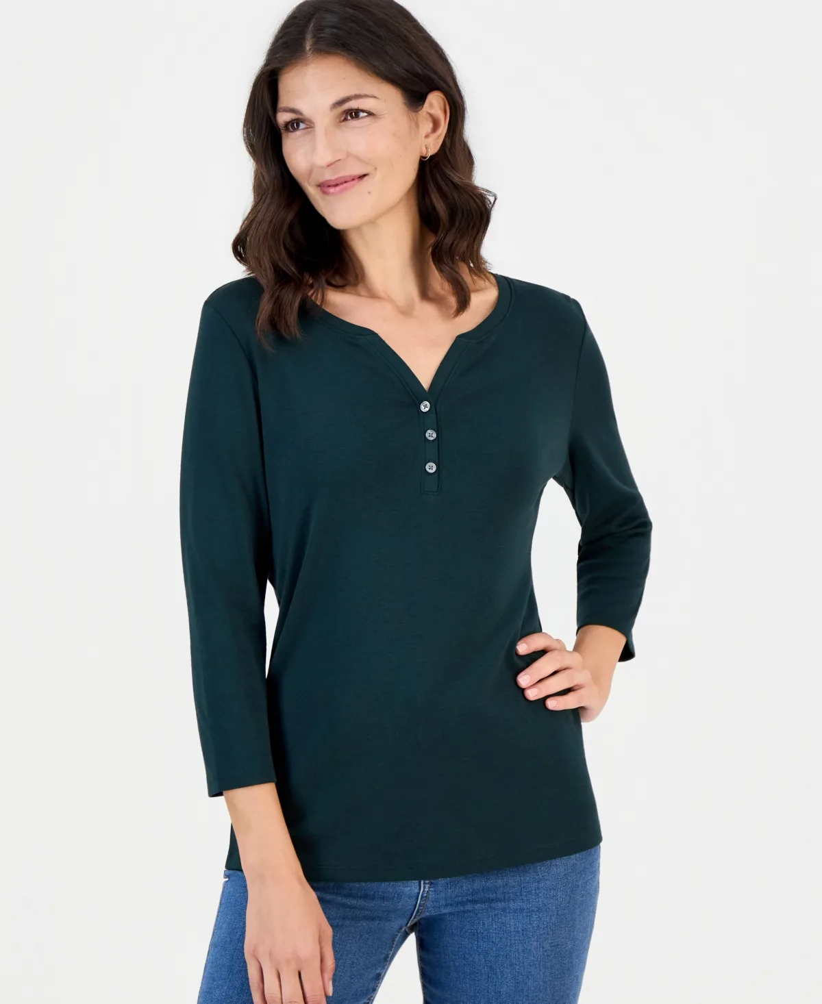 Cotton Knit Henley 3/4-Sleeve Top by Style & Co