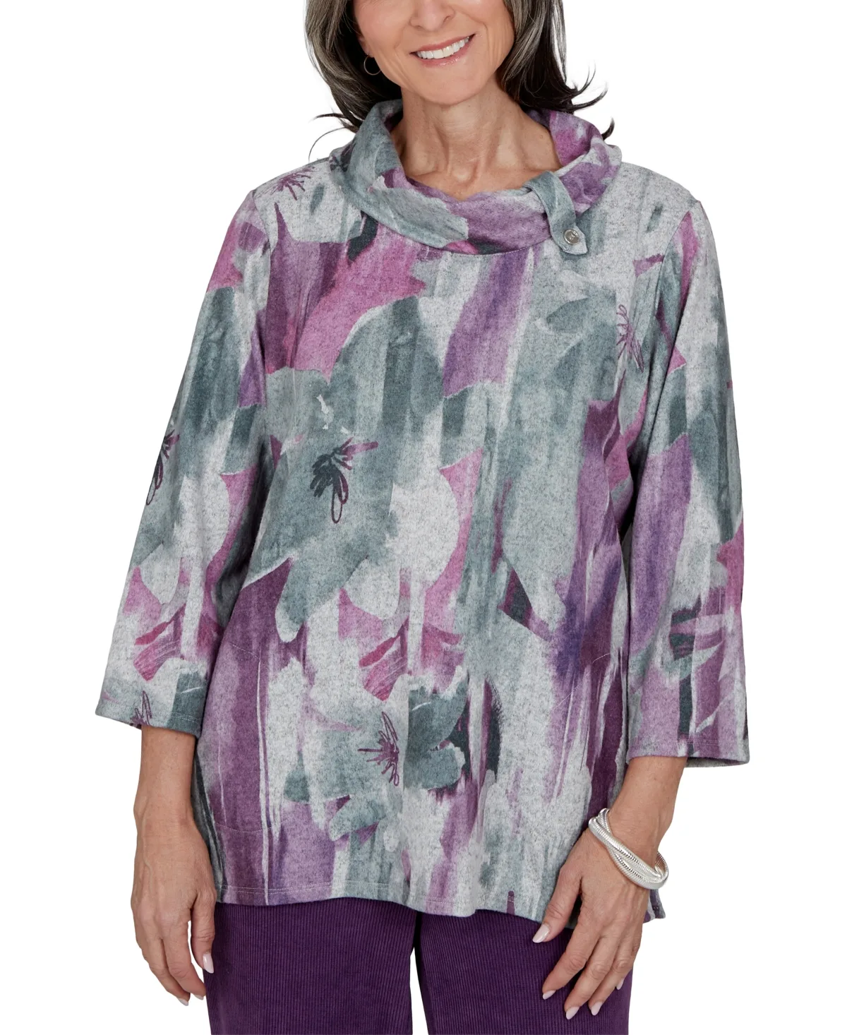 Floral-Print Cowl Neck 3/4-Sleeve Tunic Top by Alfred Dunner