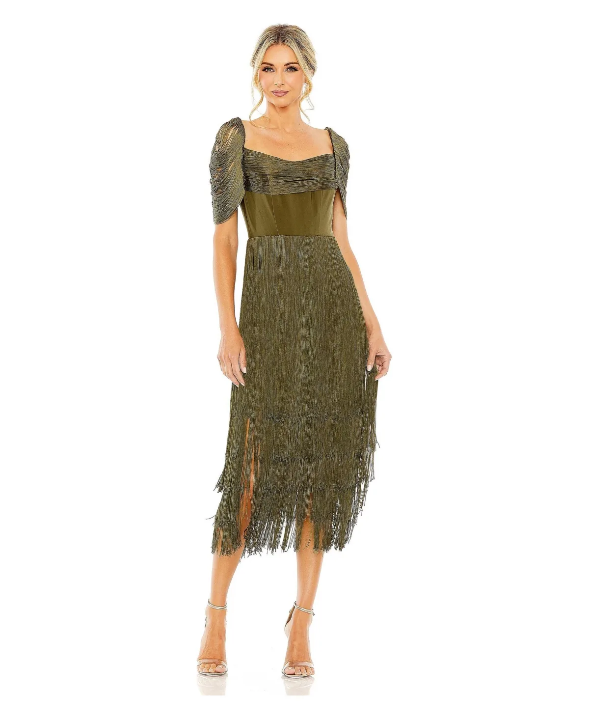 Mac Duggal Short Sleeve Fringe Detailed Midi Dress by M.A.C.