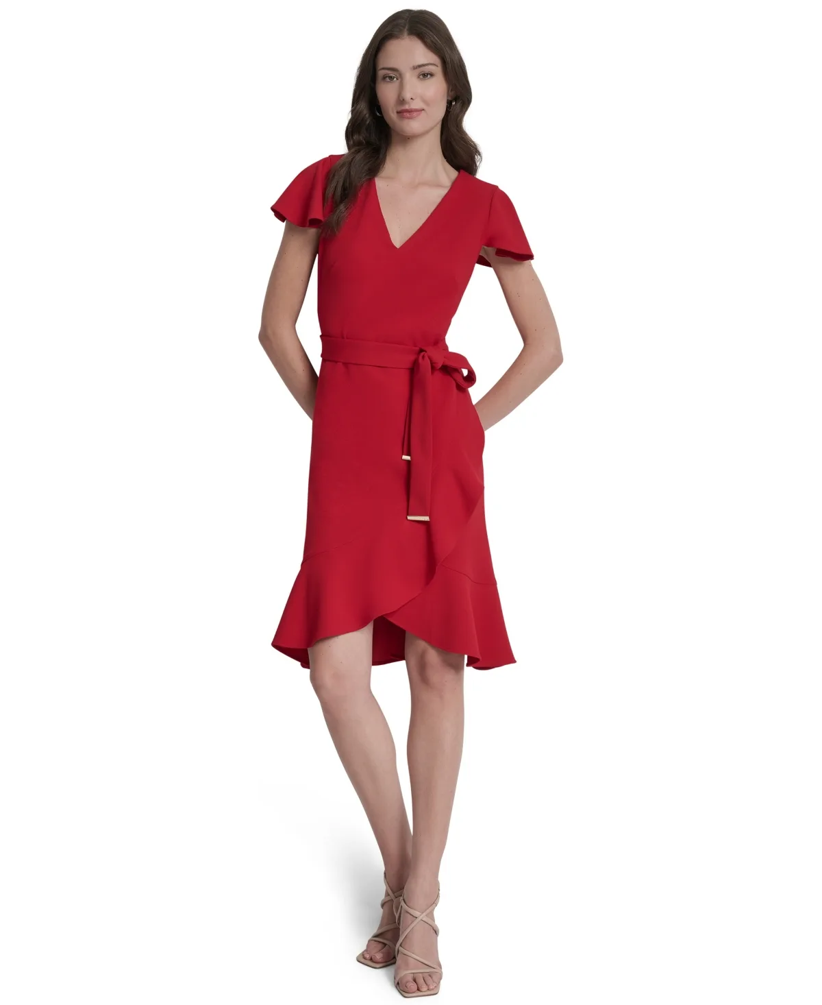 Flutter Short-Sleeve V-Neck Faux-Wrap Dress by DKNY