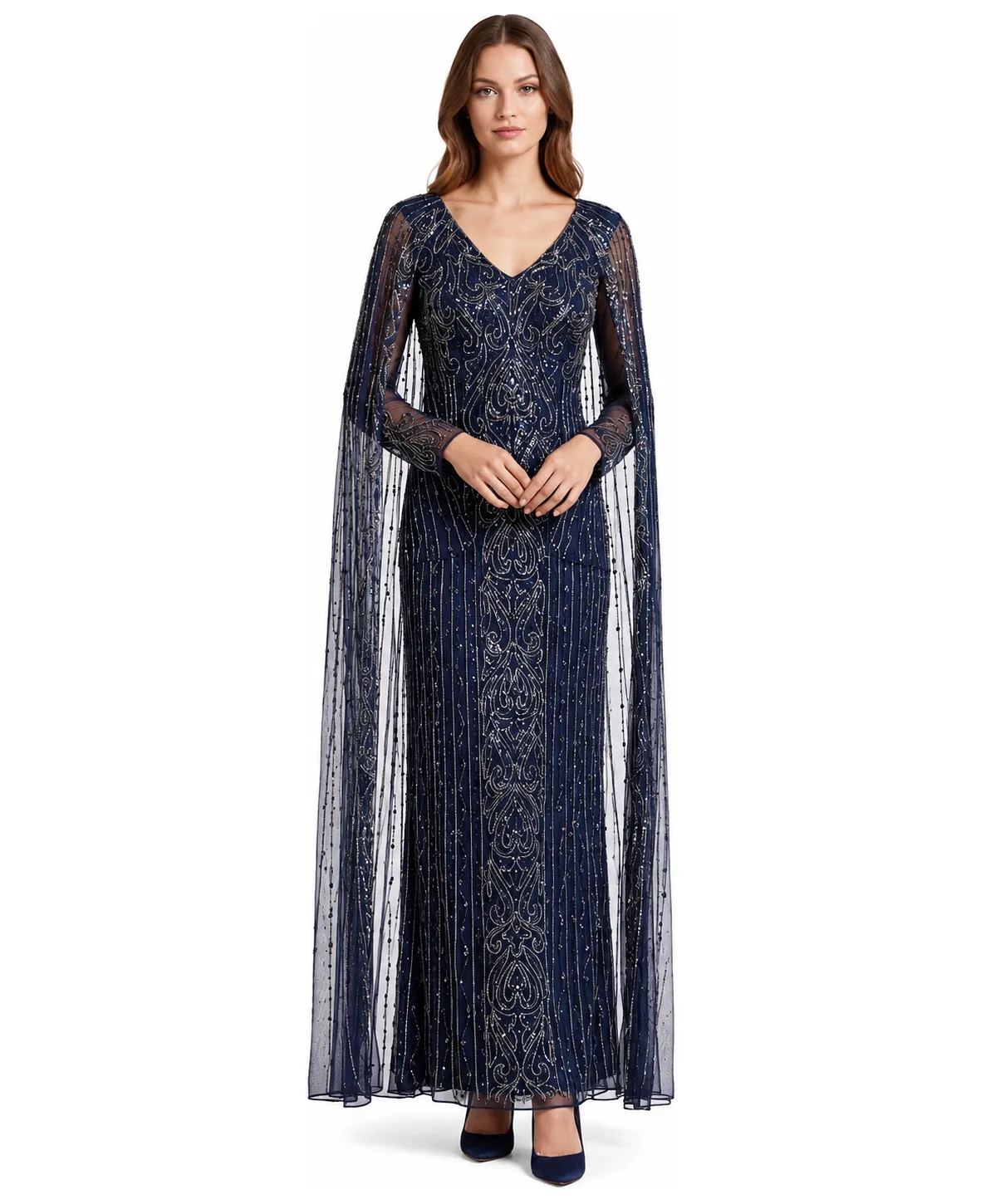 V-Neck Beaded Long Cape Gown