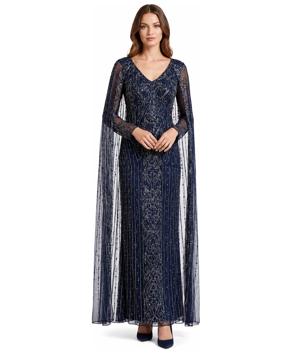 V-Neck Beaded Long Cape Gown by Lara
