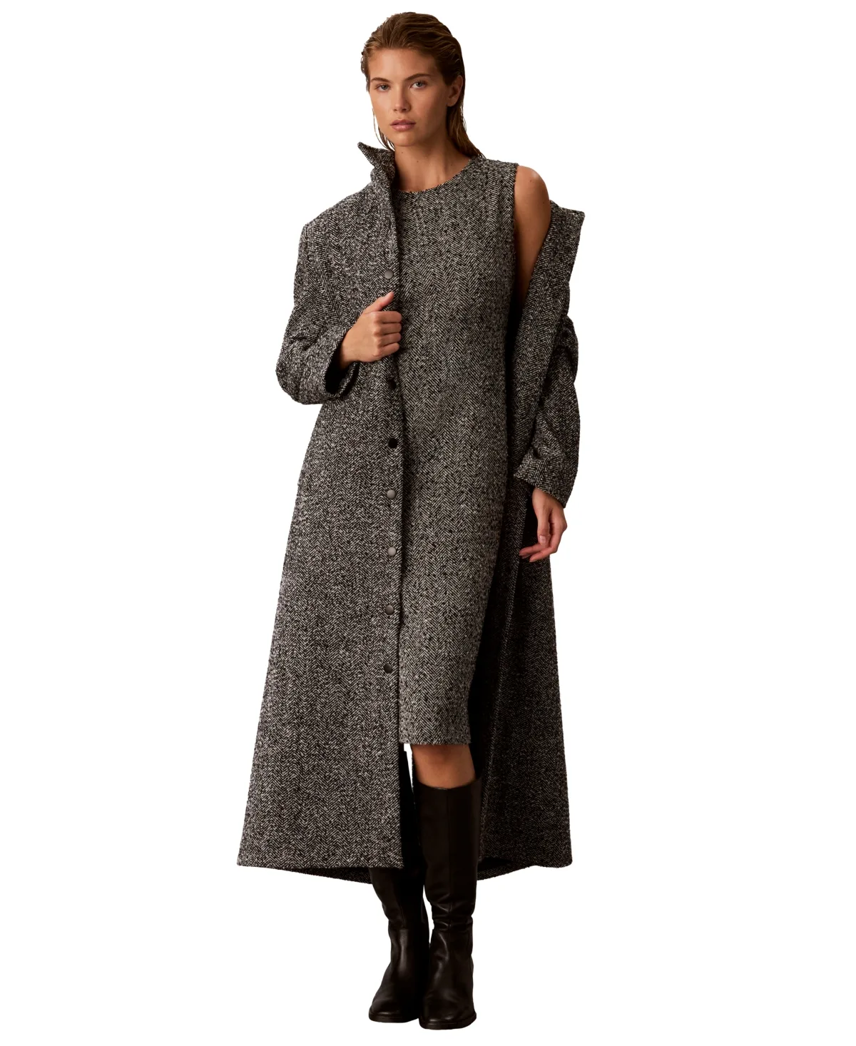 Funnel Neck Herringbone Long Coat by Calvin Klein