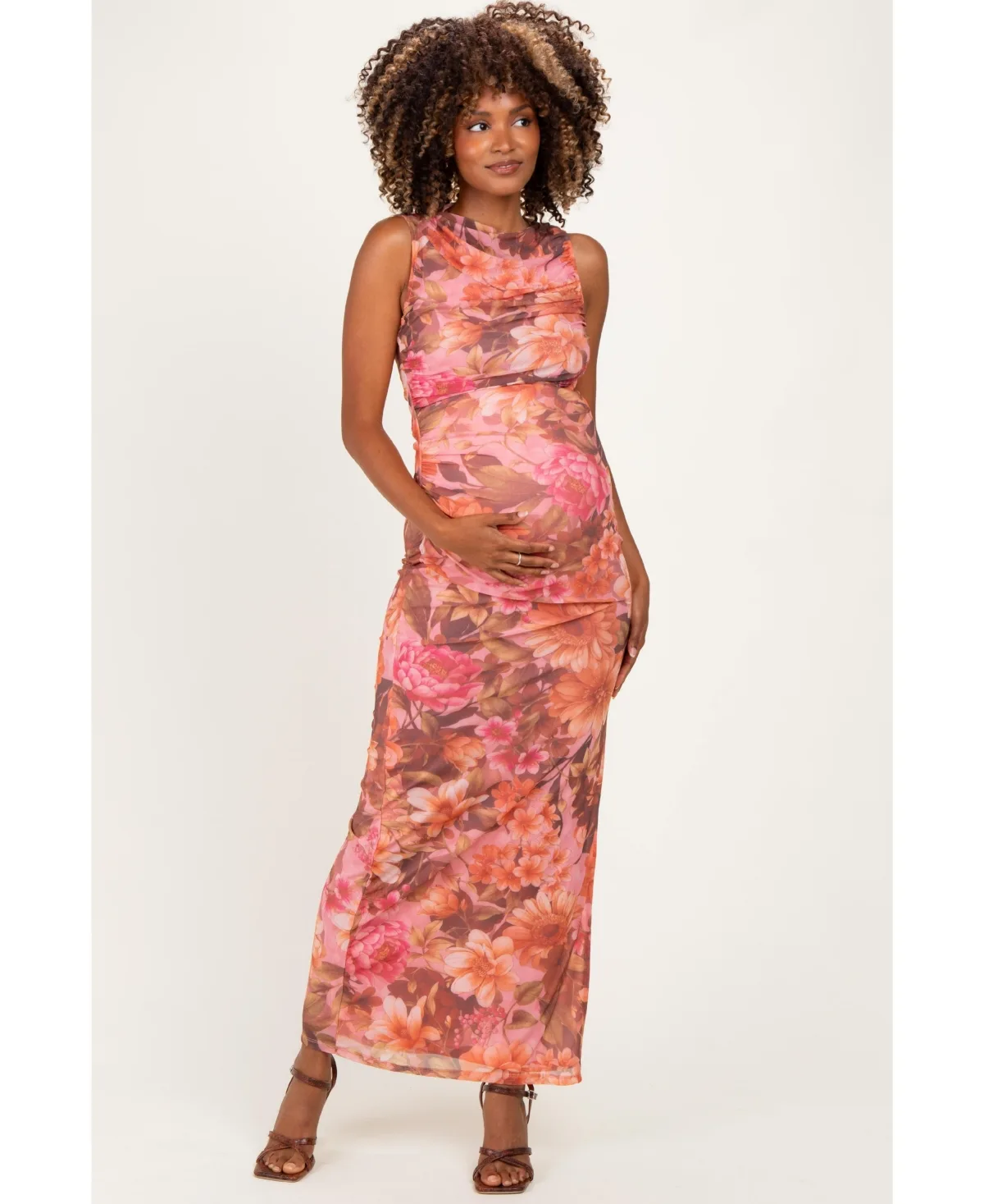 Floral Mesh Ruched Maxi Dress by PinkBlush