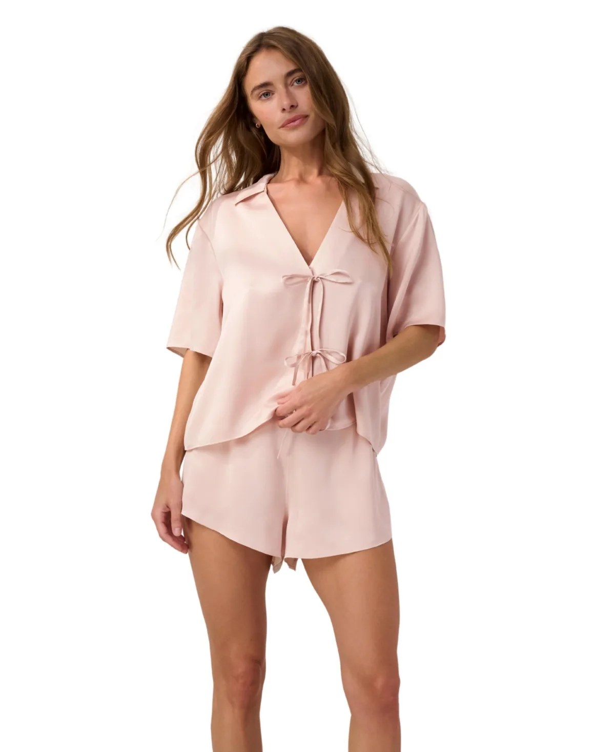 Washable Silk Tie-Front Top and Shorts, 2-Piece Set