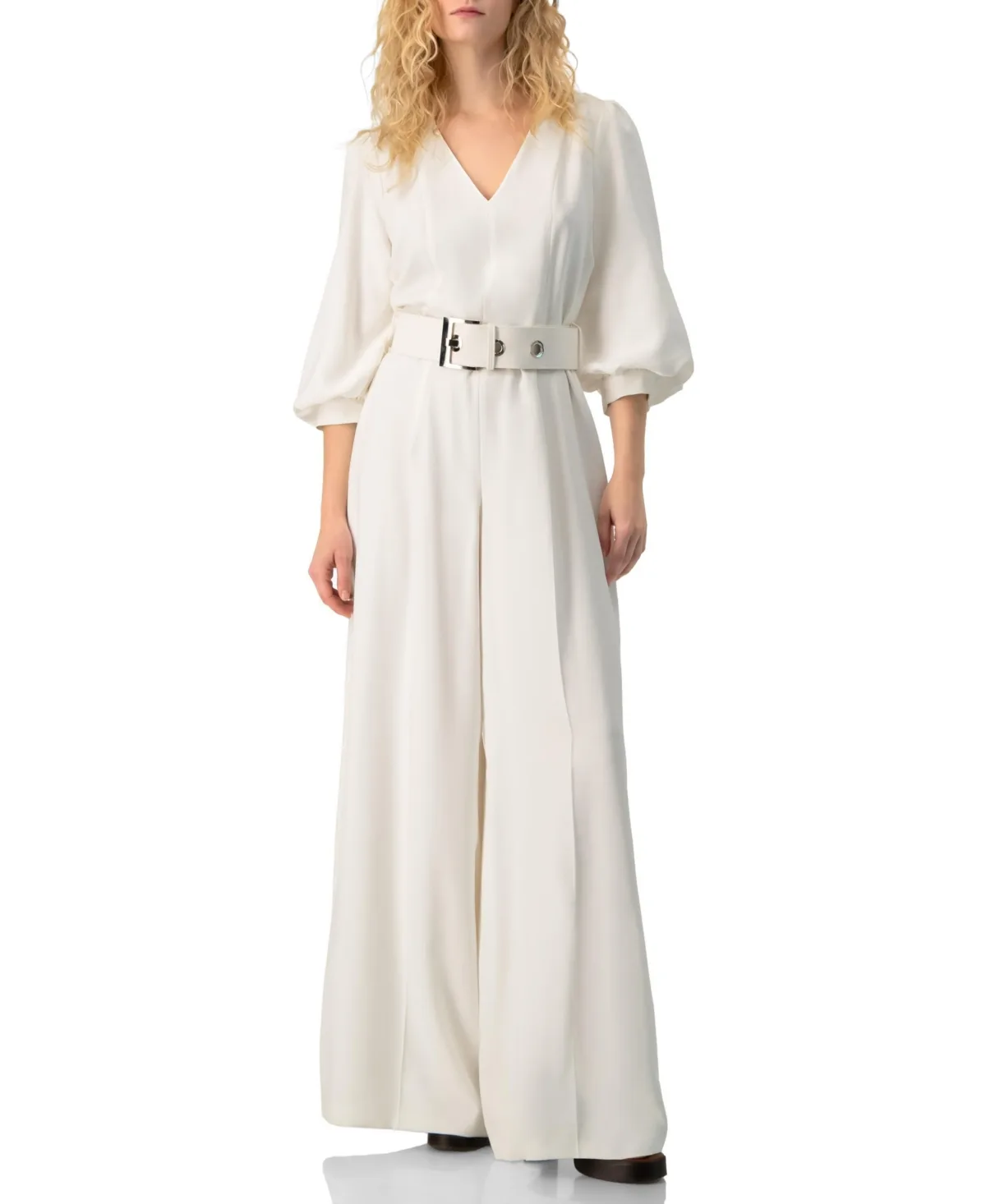 Belted V-Neck Balloon-Sleeve Wide-Leg Jumpsuit by Ivonne