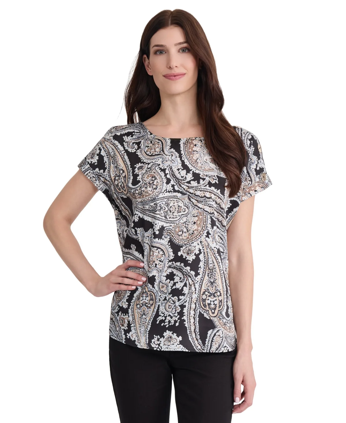 Short Sleeve Paisley Shoulder Button Detail Blouse by Jones New York