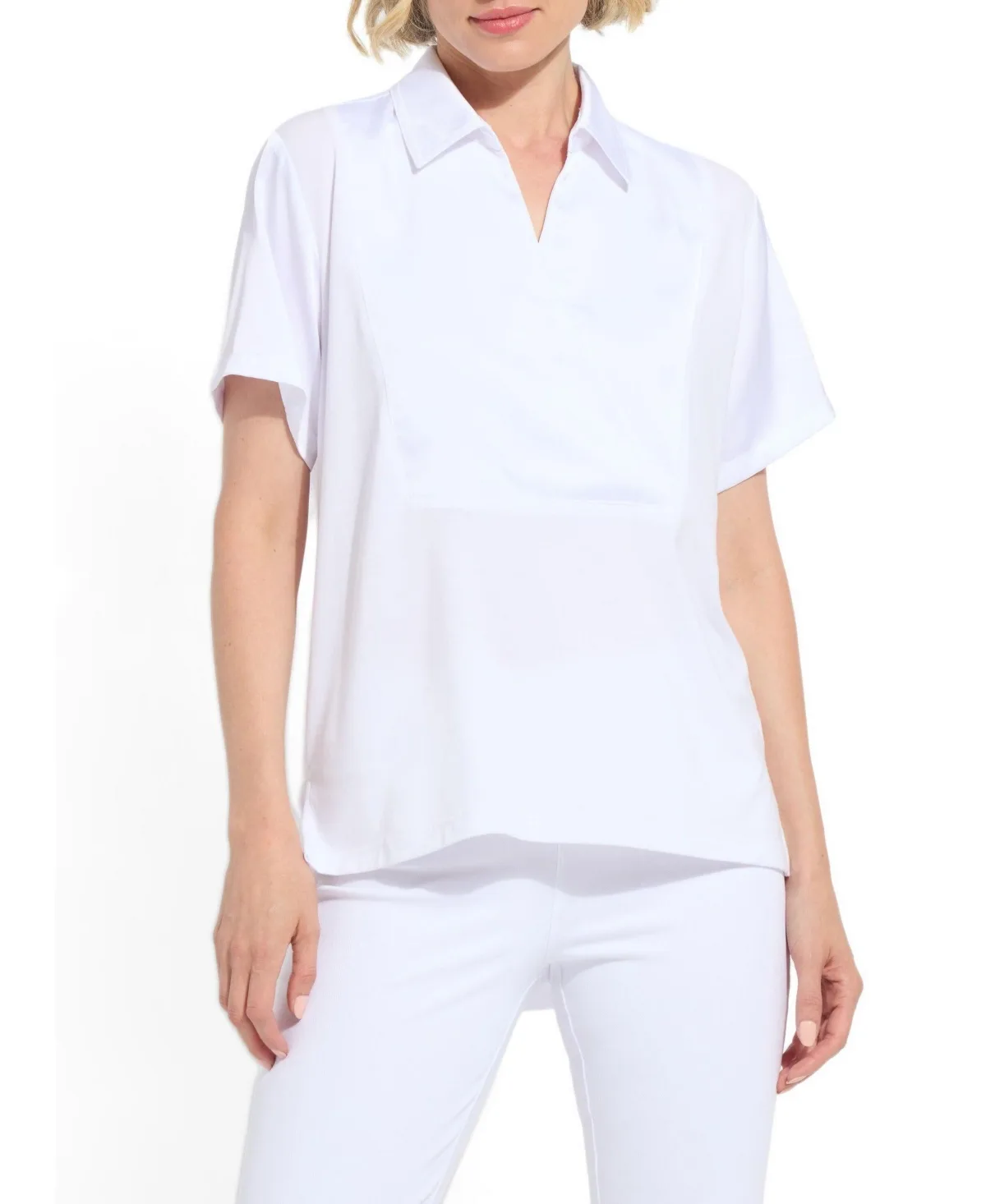 Safira Short-Sleeve Satin Mix-Media Blouse by Lysse