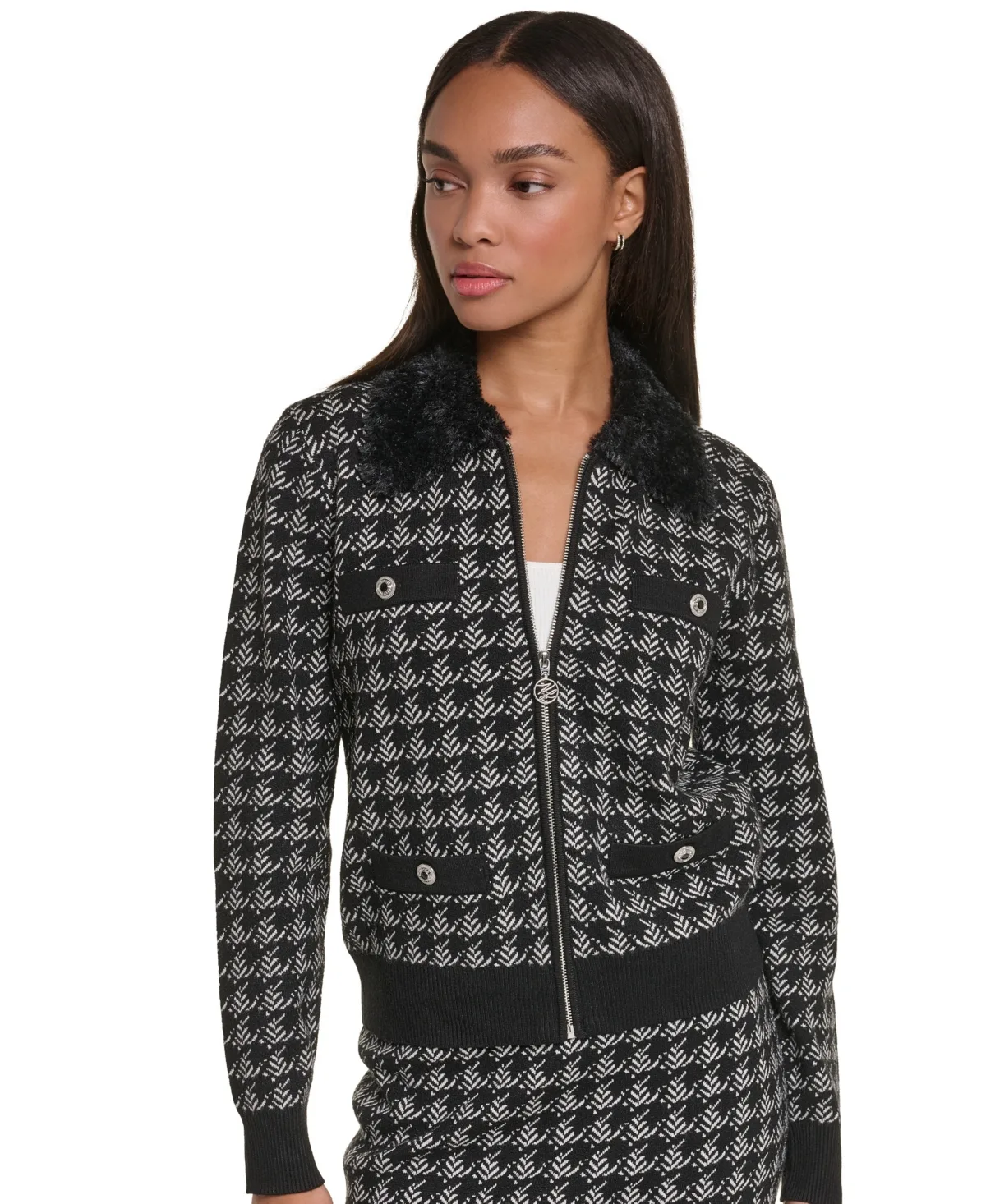 Full-Zip Houndstooth Faux Fur Collar Cardigan Sweater by Karl Lagerfeld
