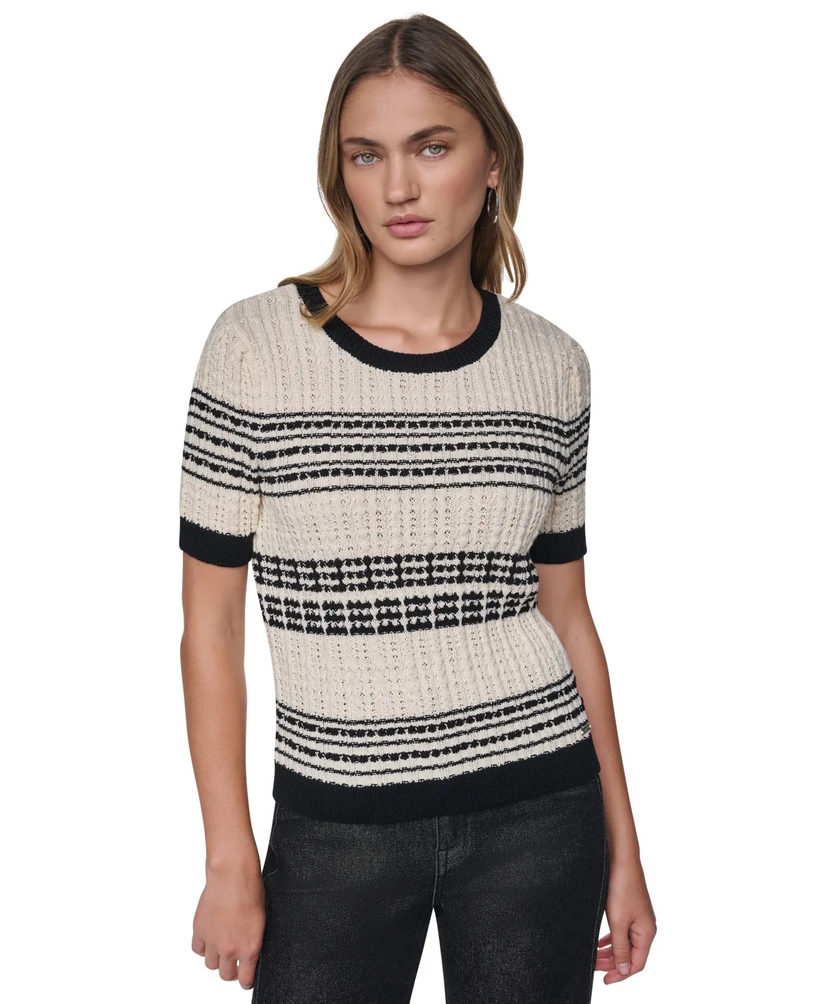 Short-Sleeve Striped Crewneck Cotton Sweater by DKNY