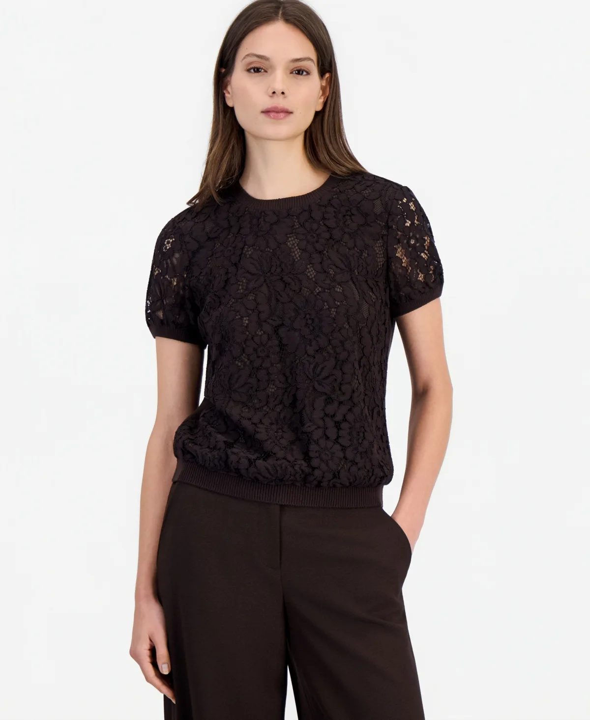 Floral Lace Short-Sleeve Sweater by Tahari