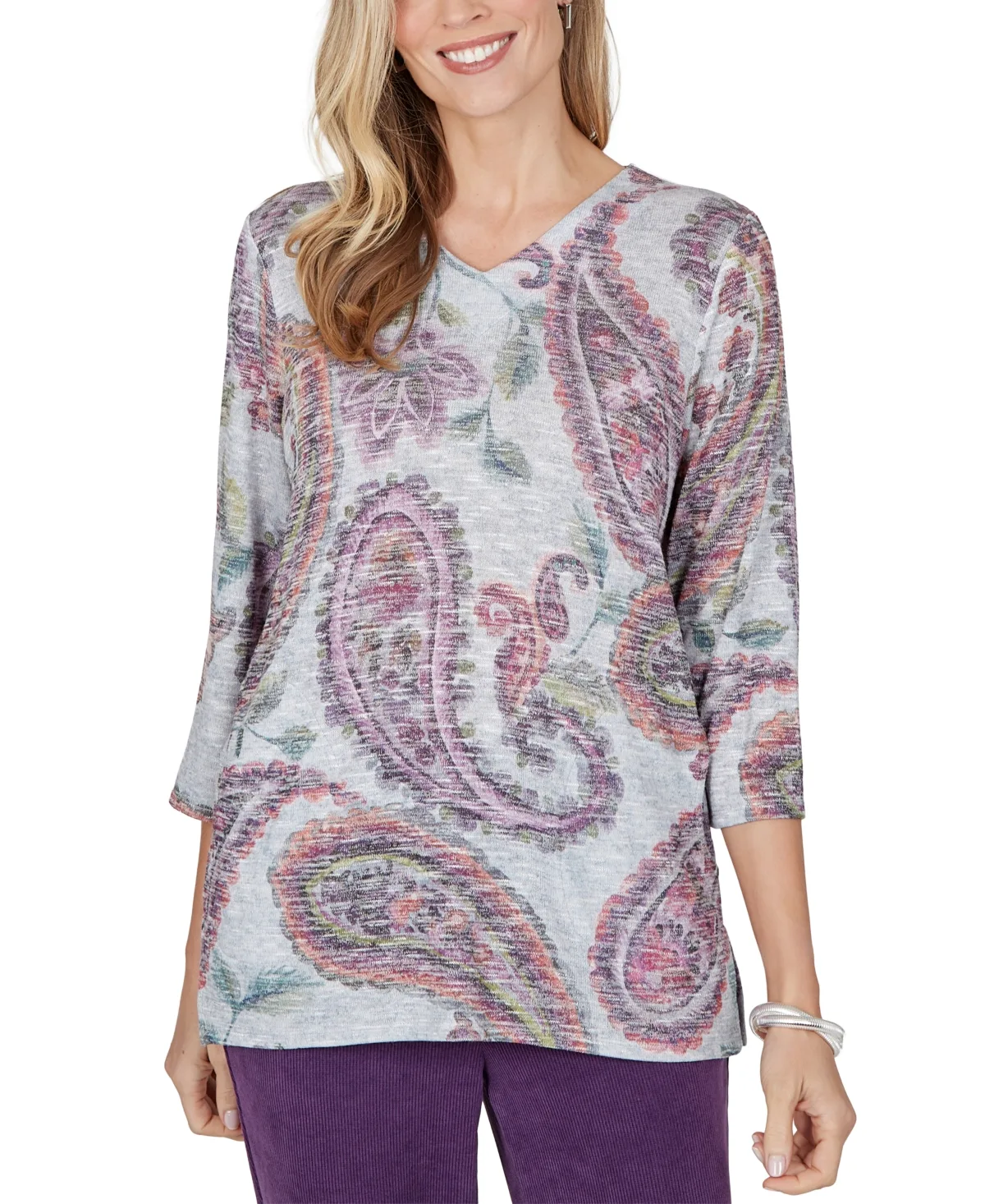 Paisley V-Neck 3/4-Sleeve T-Shirt