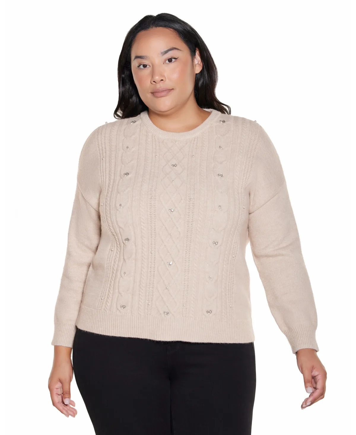 Cable Knit Crewneck Long-Sleeve Pullover Sweater by Belldini