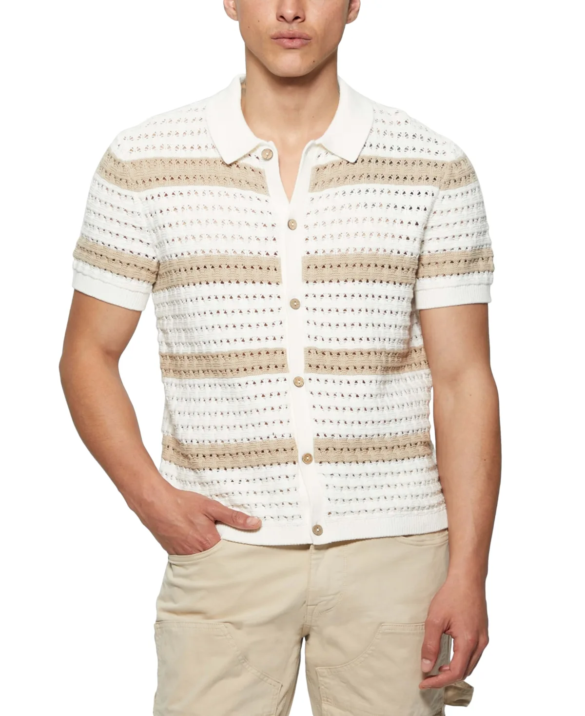 Joshua Relaxed Fit Short Sleeve Button-Front Striped Sweater by GUESS