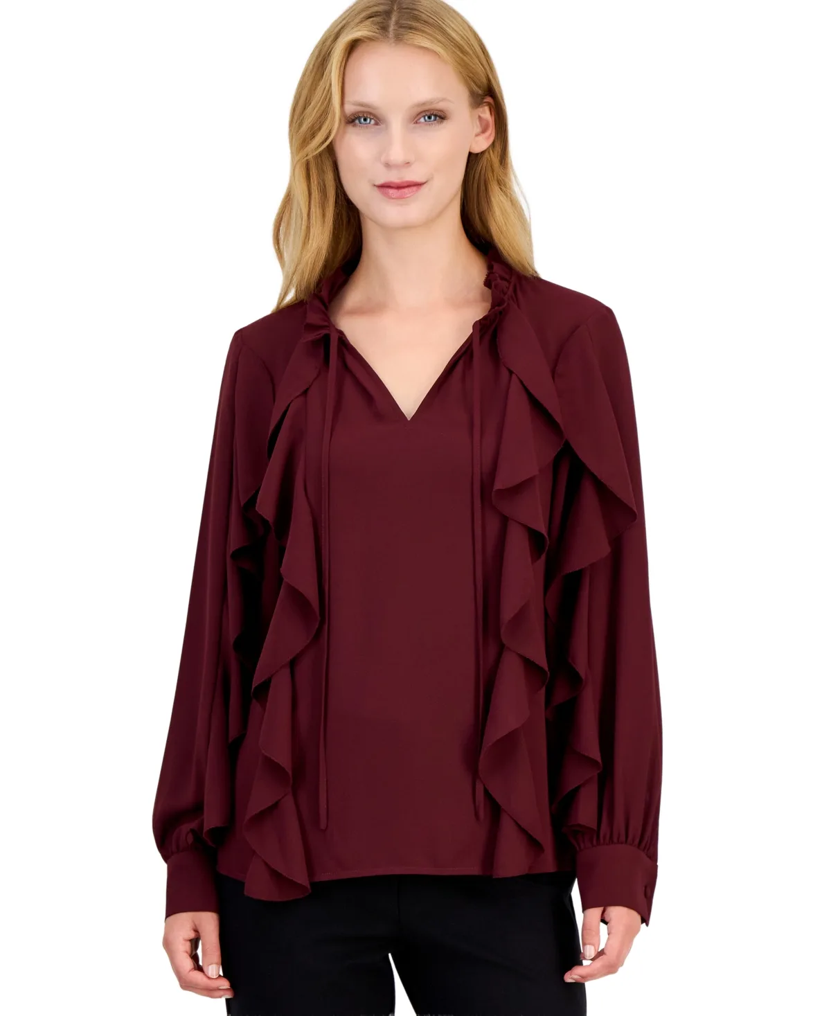 Long-Sleeve Keyhole Ruffle Blouse by Anne Klein