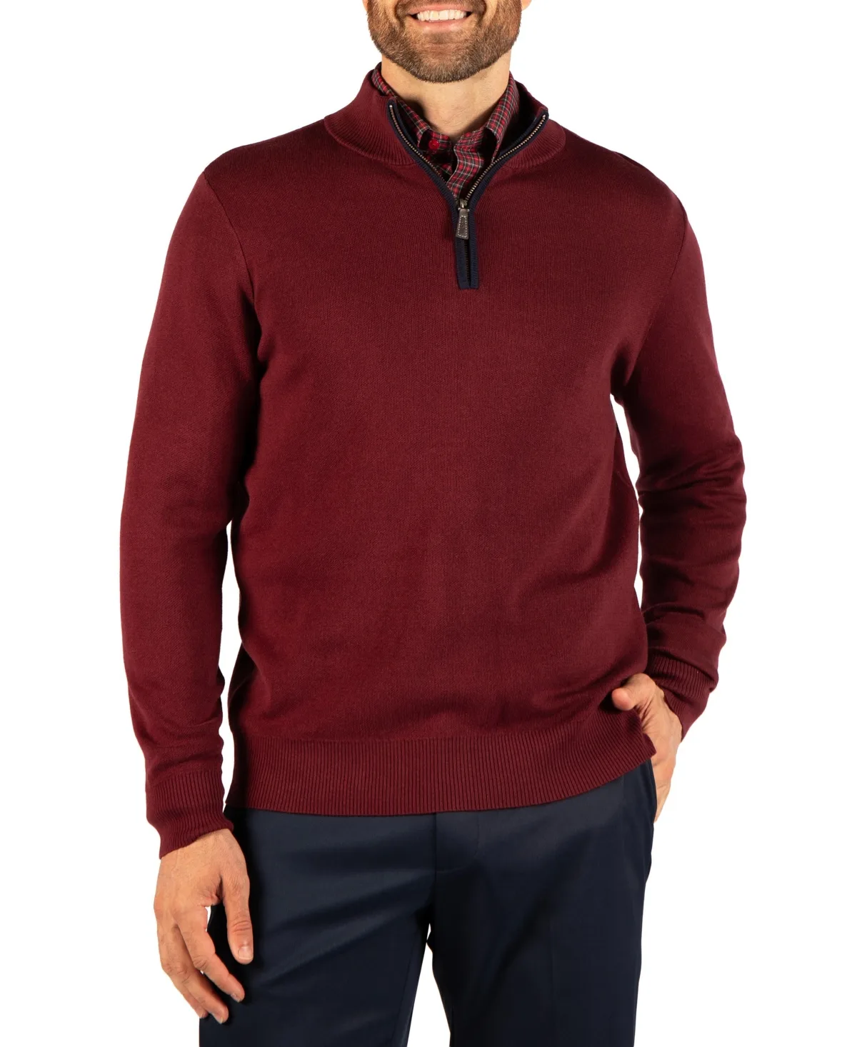 Fine-Knit Mock-Neck Quarter-Zip Sweater with Contrast Tipping