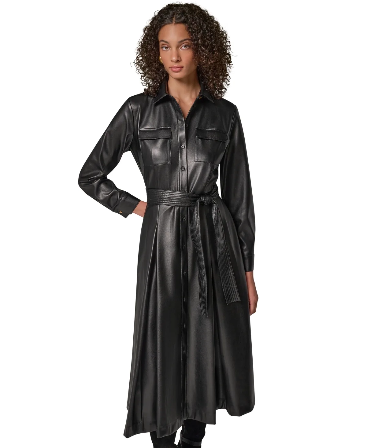 Faux Leather Belted Fitted Shirt Dress by Donna Karan New York