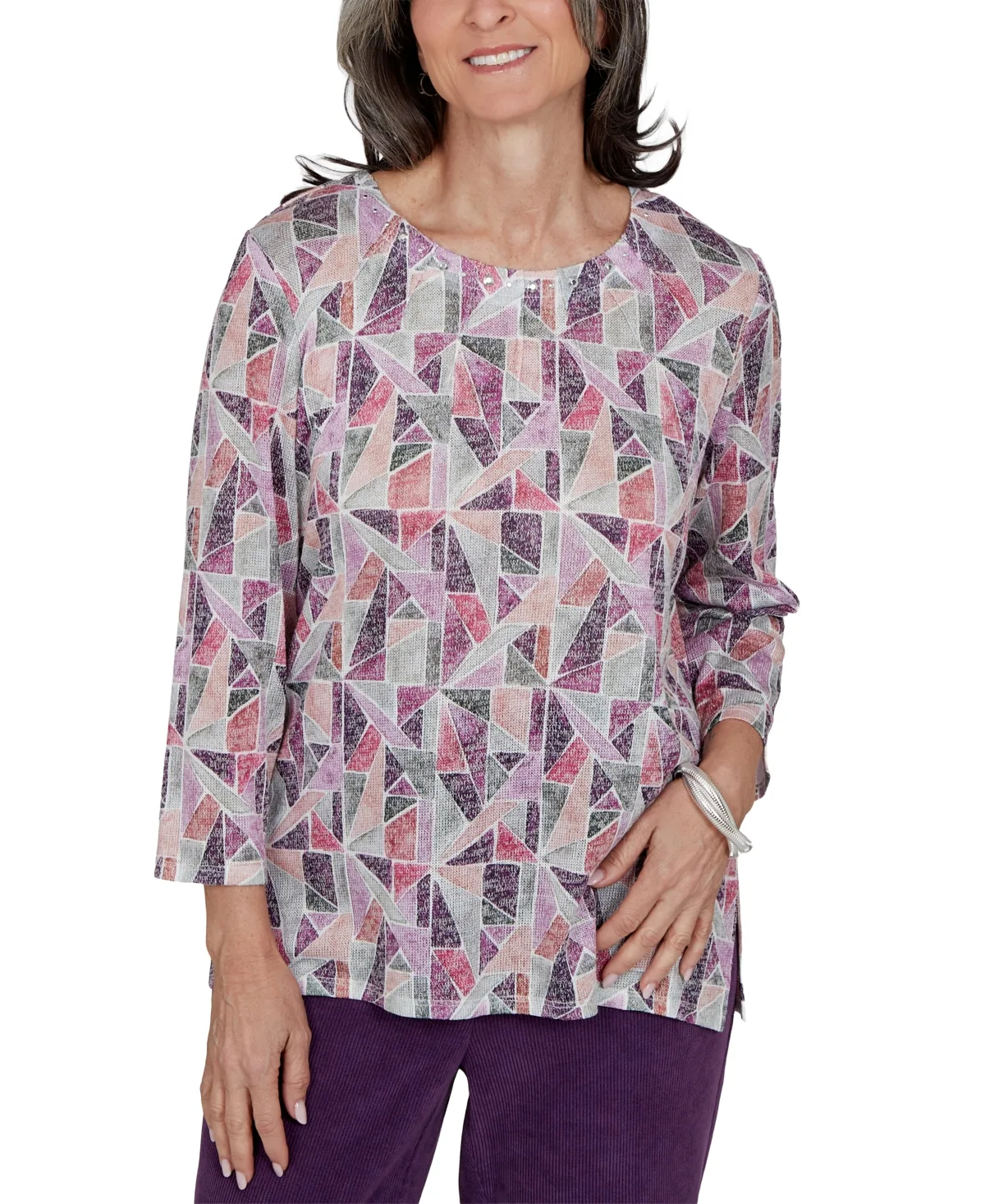 Geometric 3/4-Sleeve Crew Neck Top by Alfred Dunner