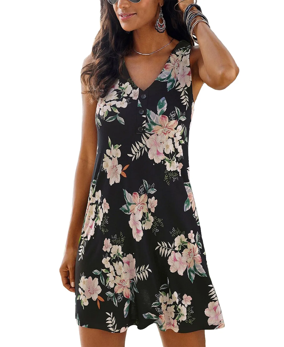 Floral-Print A-Line V-Neck Dress by Lascana