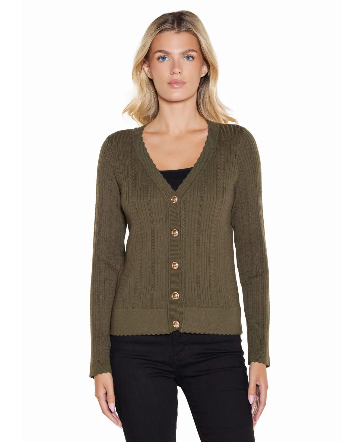 Cable Knit Fitted V-Neck Button-Front Cardigan
