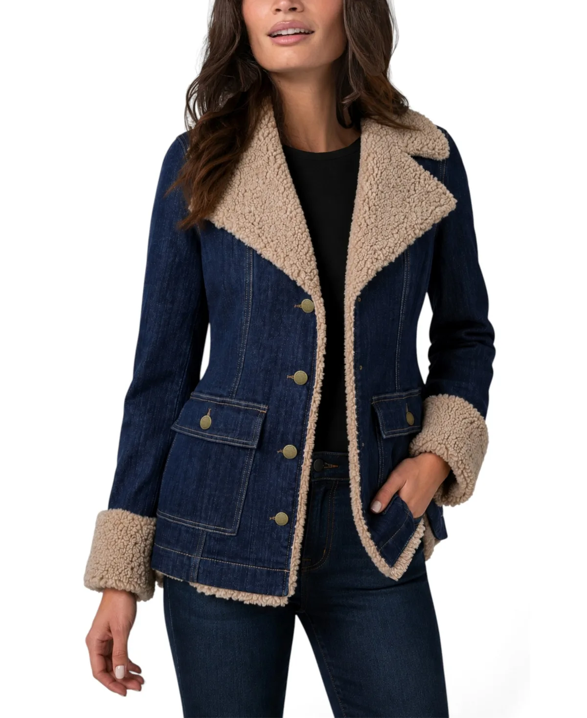 Denim Sherpa-Trimmed Notch-Collar Jacket by Liverpool Los Angeles