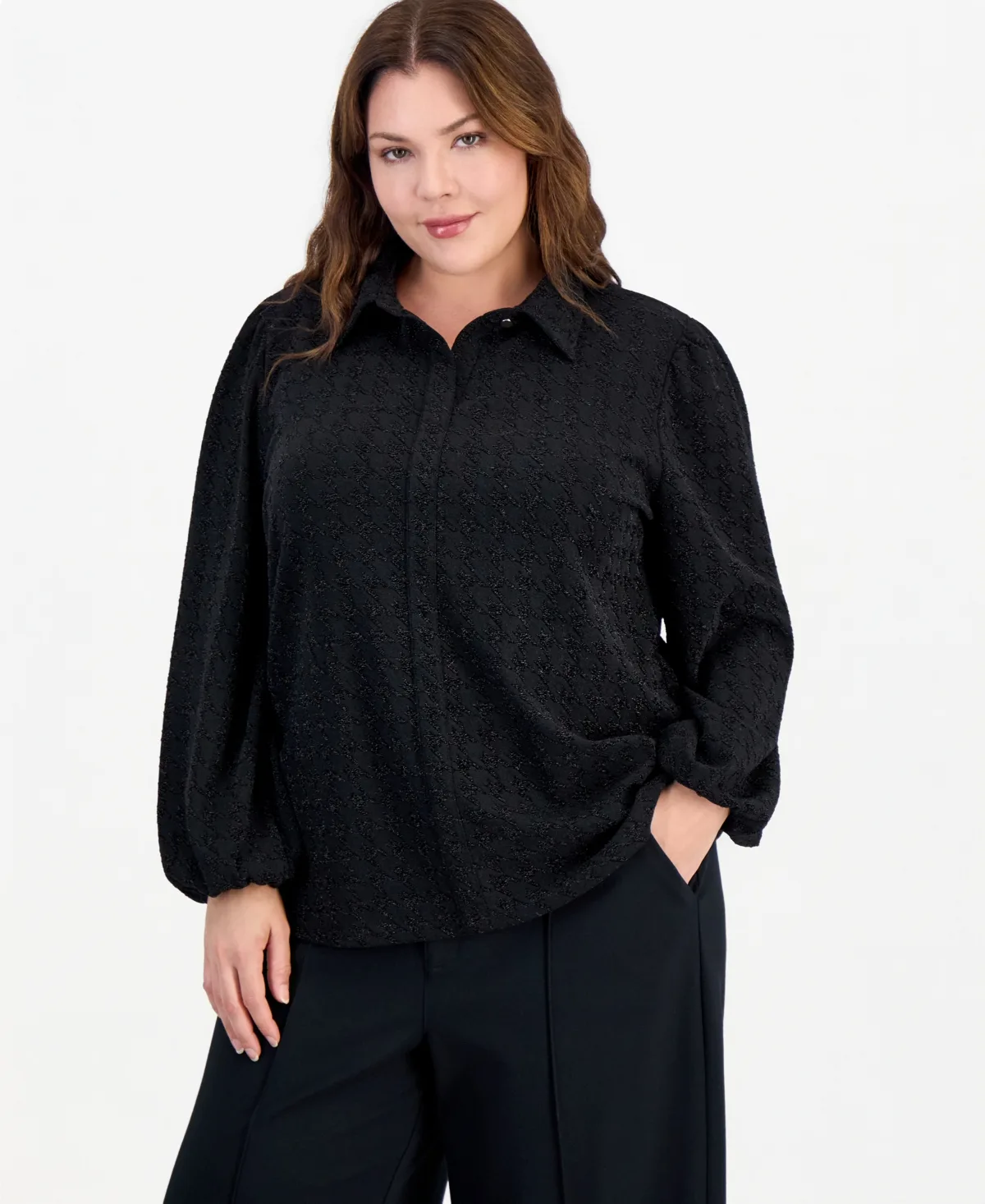 Houndstooth Stretch Knit Puff-Sleeve Long-Sleeve Blouse by Anne Klein