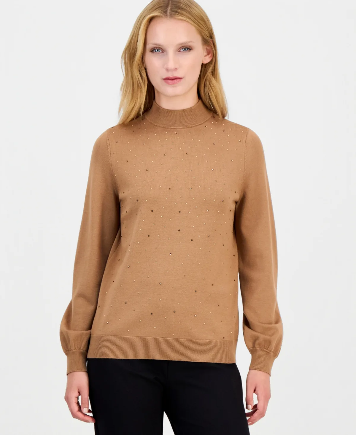 Mock Neck Puff Sleeve Embellished Sweater by Anne Klein