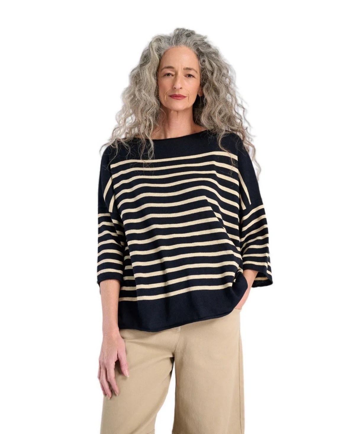 Carolina Boat Neckline Striped 3/4-Sleeve Sweater by Alembika