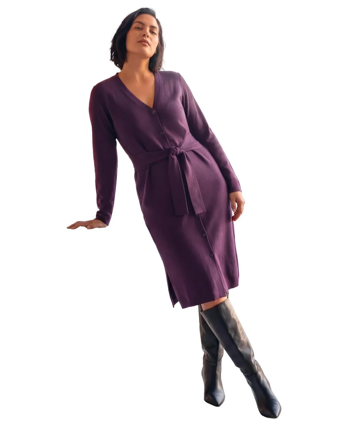 Button-Front Long-Sleeve V-Neck Cardigan Sweater Dress by Avenue