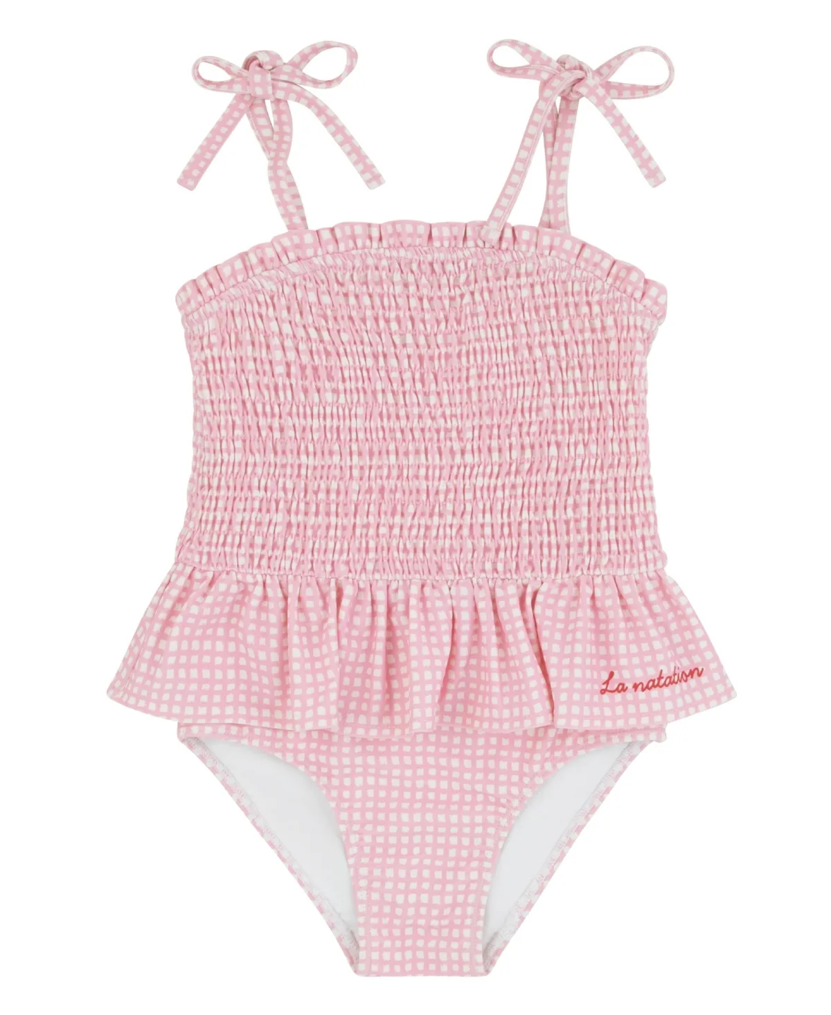 Gingham-Check Tie-Shoulder-Strap One-Piece Swimsuit by Noggiwear