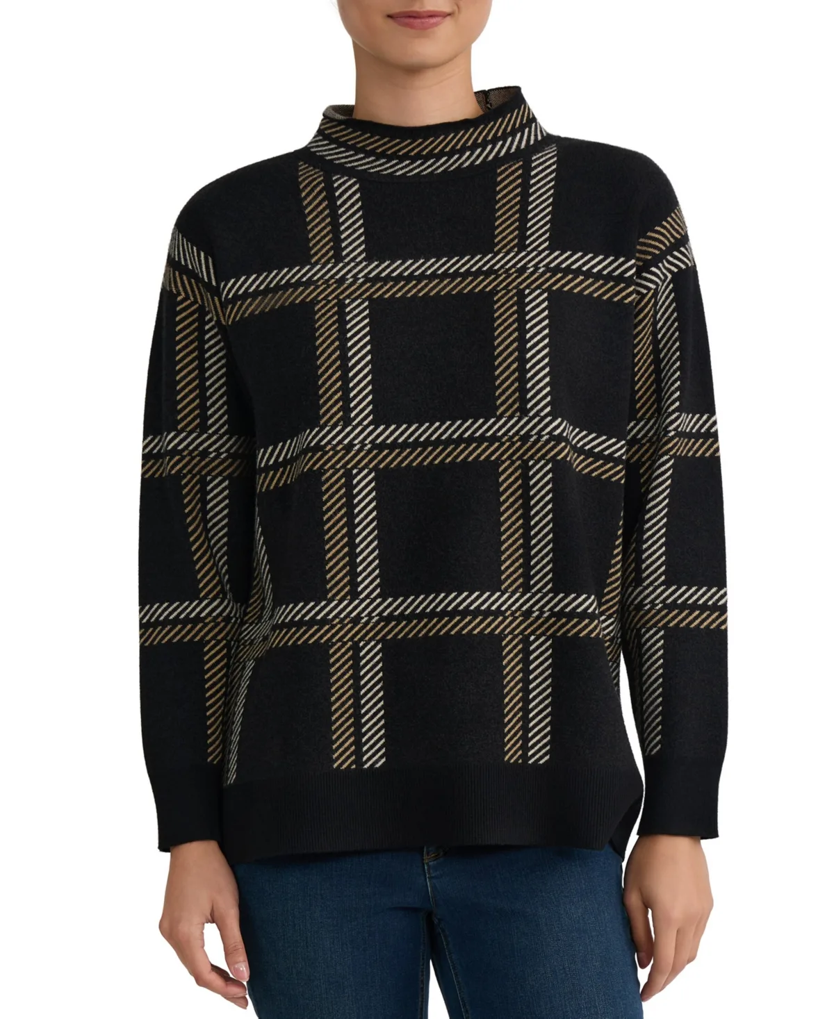 Mock Neck Plaid Long-Sleeve Sweater by Jones New York