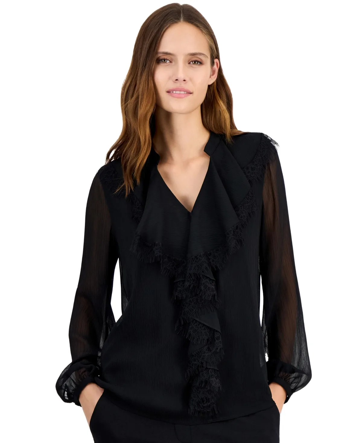 Ruffled-Neck Long-Sleeve Sheer Chiffon Blouse