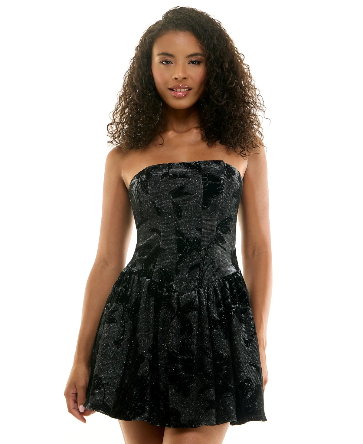 Glitter Strapless Floral-Print Dress by Seni & Cade