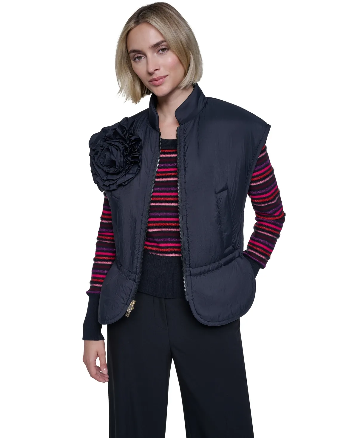 Floral-Applique Puffer Cape Vest, Drawstring Waist by Sonia Rykiel