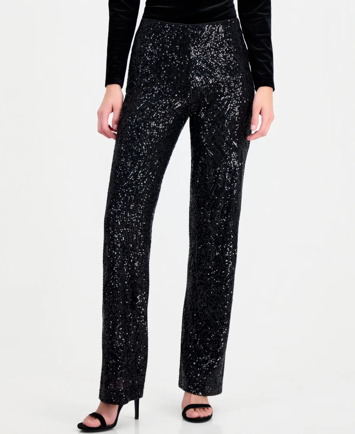 Pull-On High-Waisted Wide-Leg Sequin Mesh Pants by Anne Klein