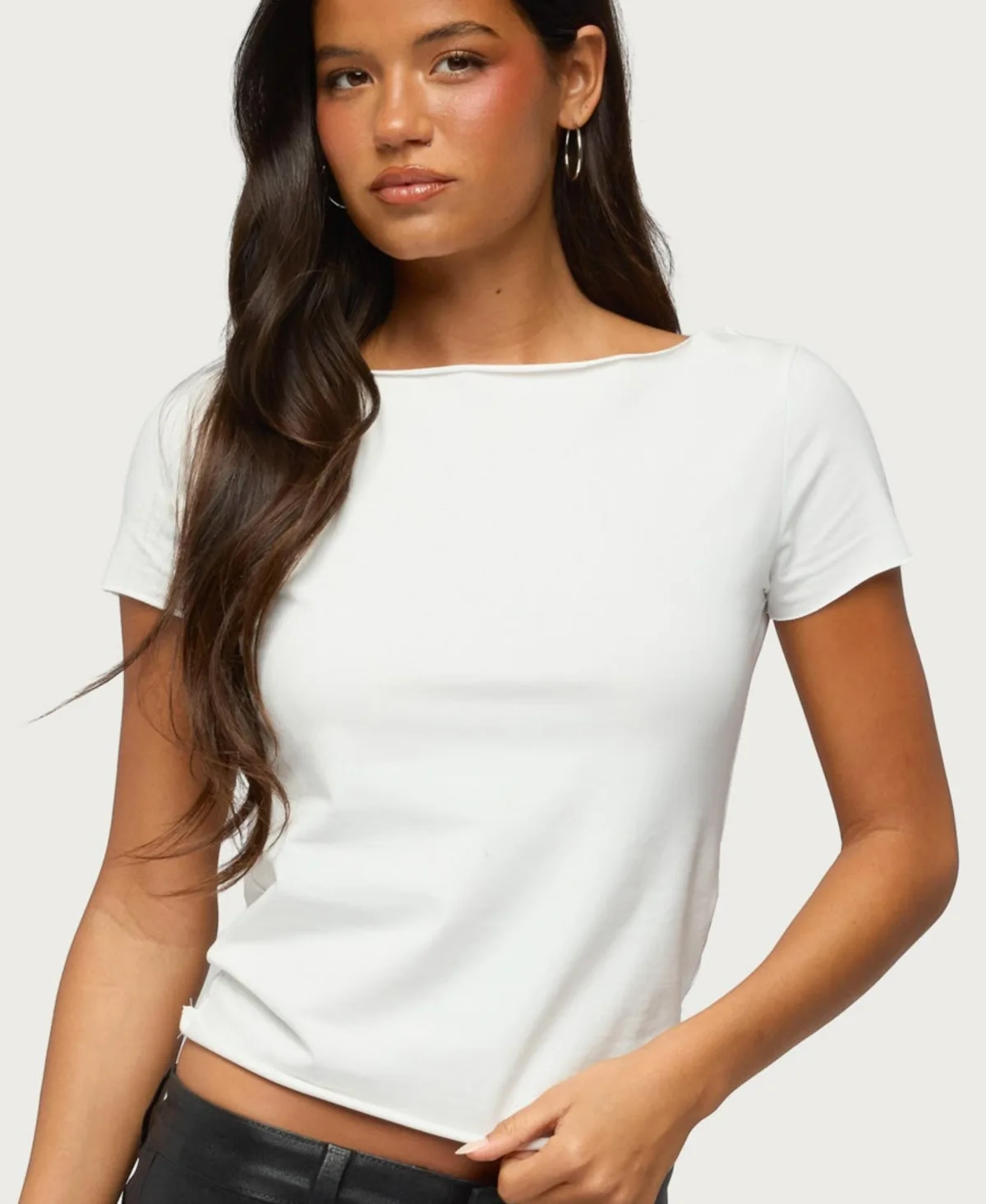 Rea Shredded-Cutout Lace Boat Neck Top by Edikted