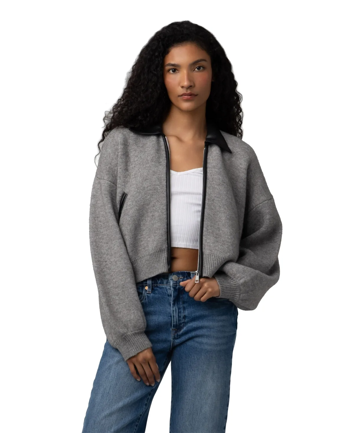 Cropped Full Zip Faux Leather Trim Cardigan Sweater by Blank