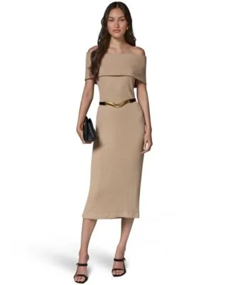 Off the Shoulder Belted Sweater Dress