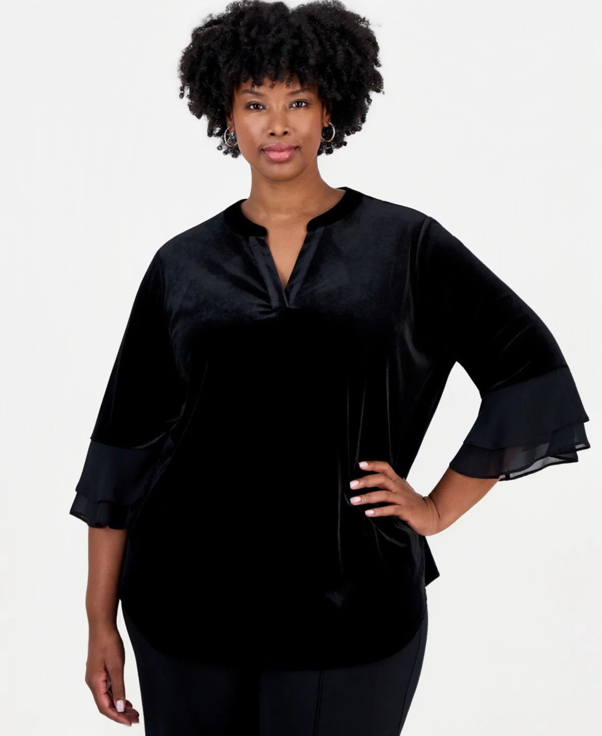 Split-Neck 3/4-Length Flutter-Sleeve Blouse by Kasper