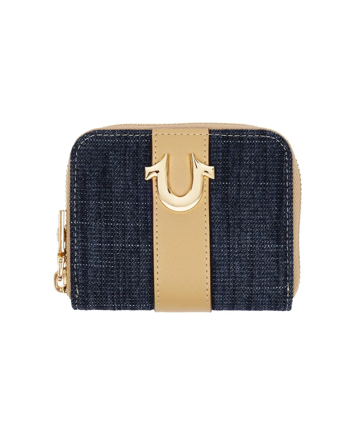 Denim and Pu Small Zip Around Wallet with Horseshoe Hardware by True Religion
