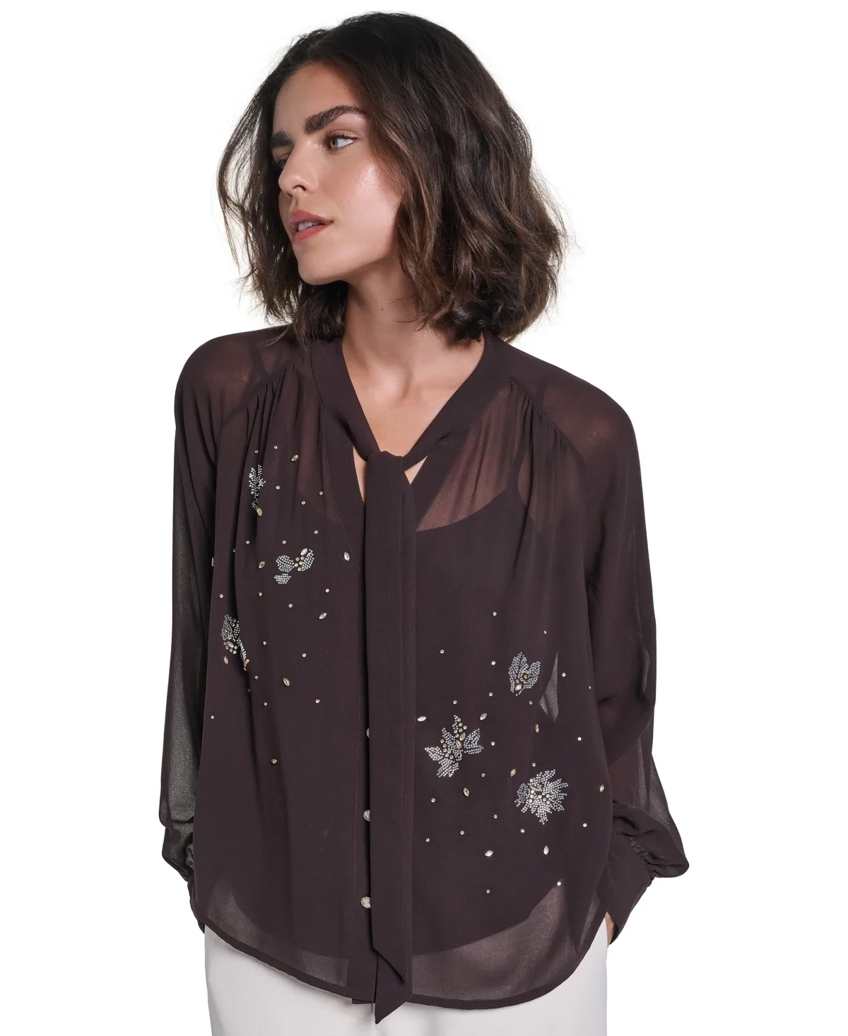 Tie Neck Long-Sleeve Chiffon Blouse