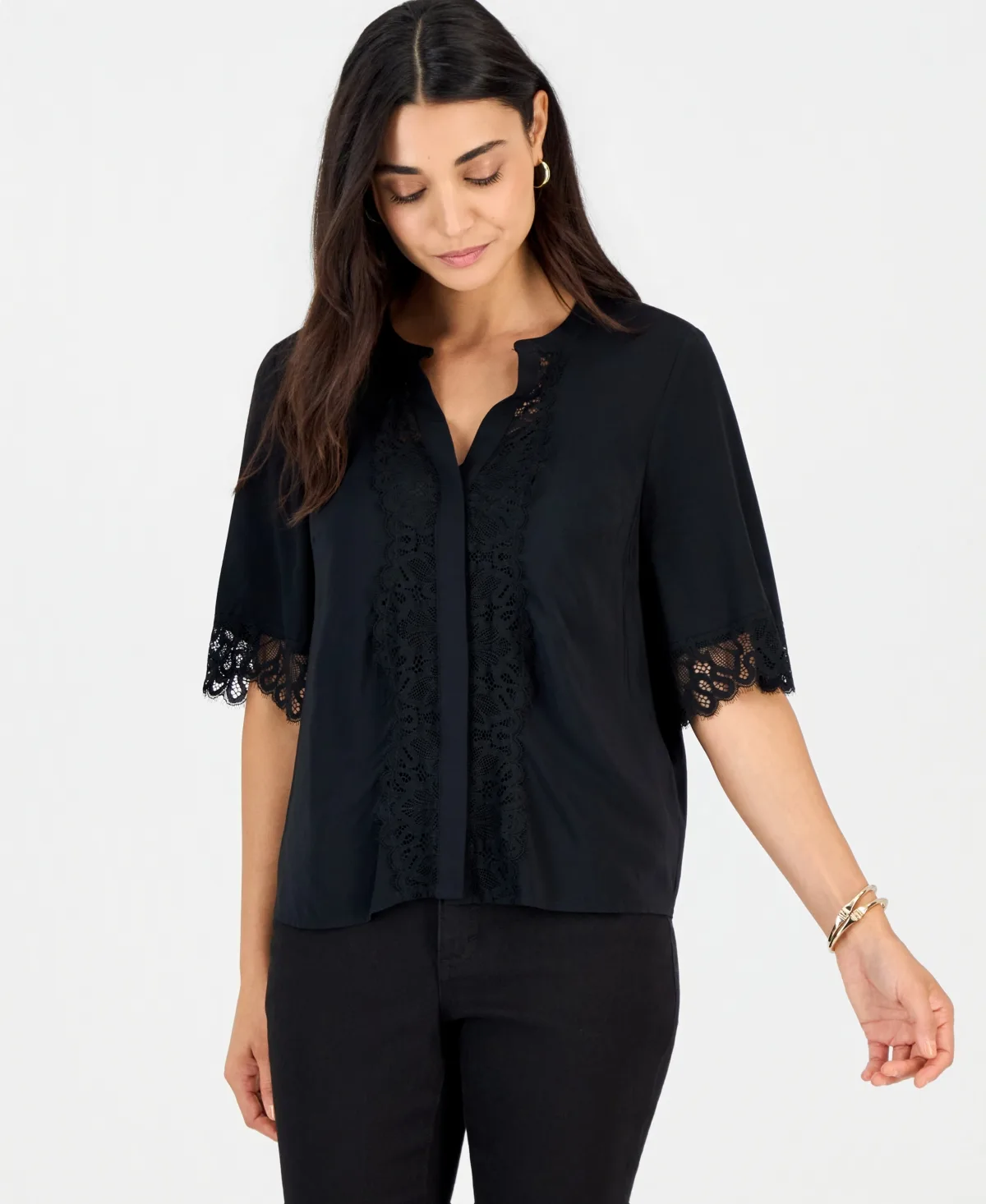 Lace-Trim Flowy-Sleeve Blouse by INC International Concepts