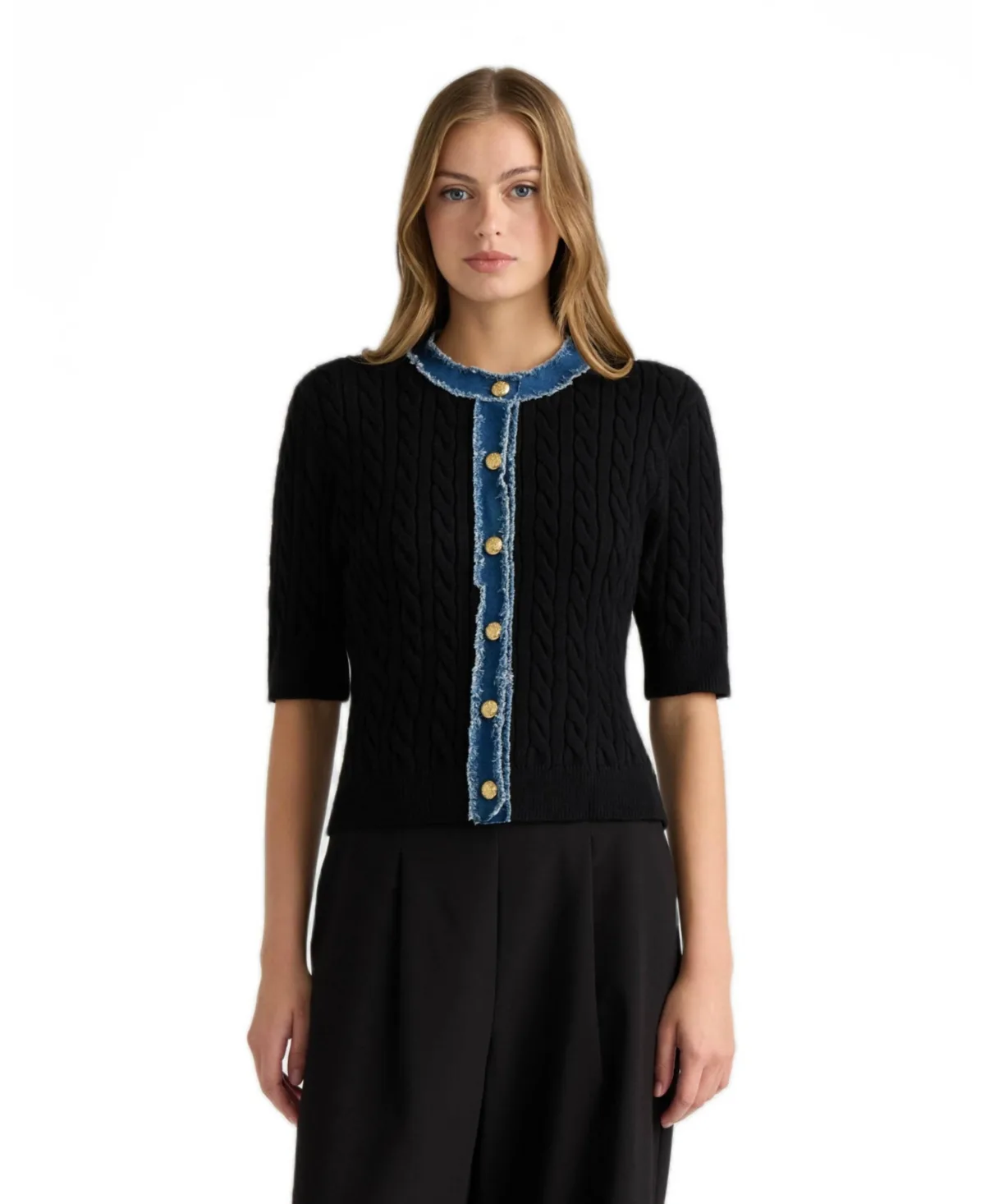 Nvlt Short Sleeve Cable Sweater with Denim Trim by Macy's