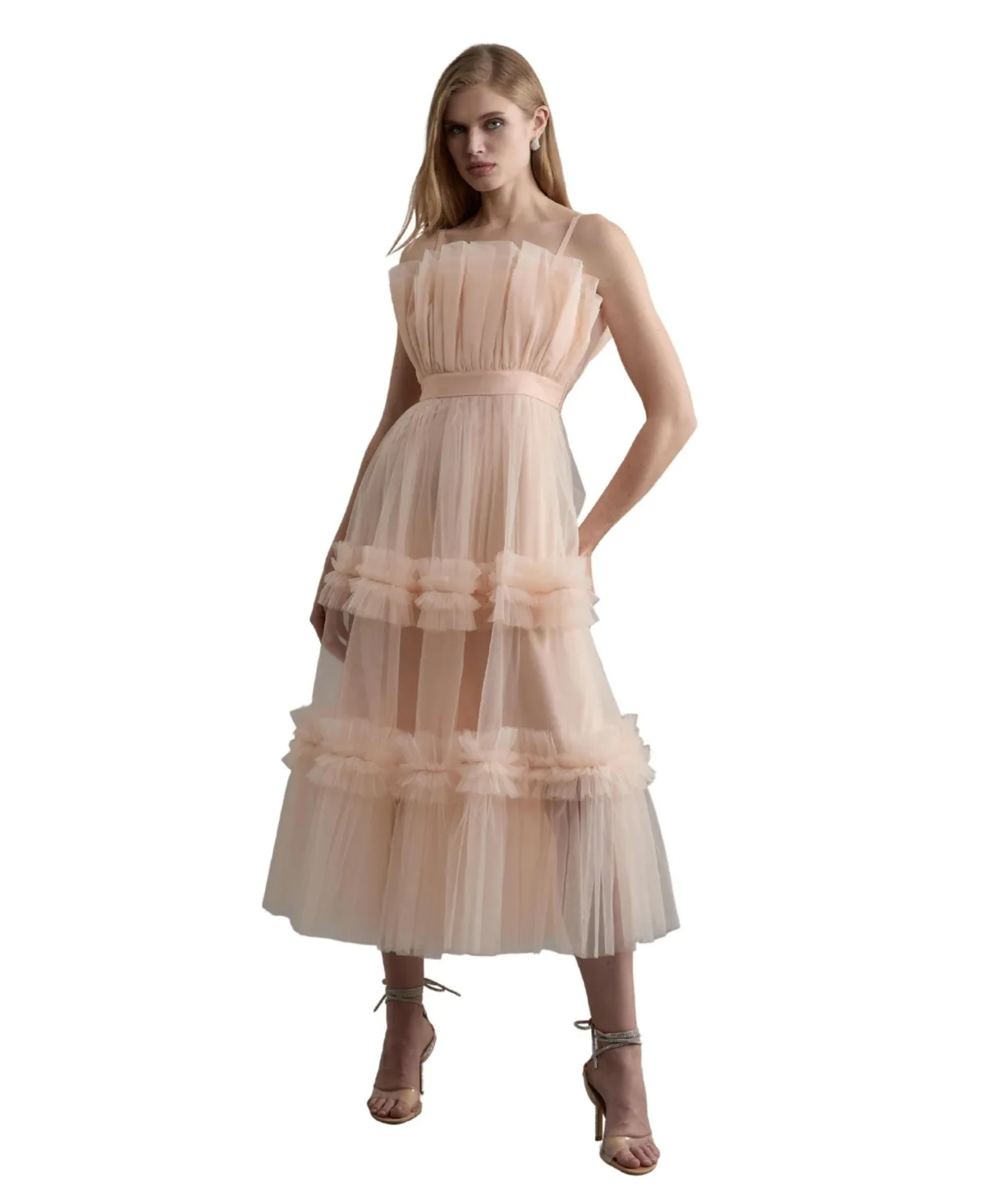 Square Neck Tiered Tulle Midi Dress by Karen Millen