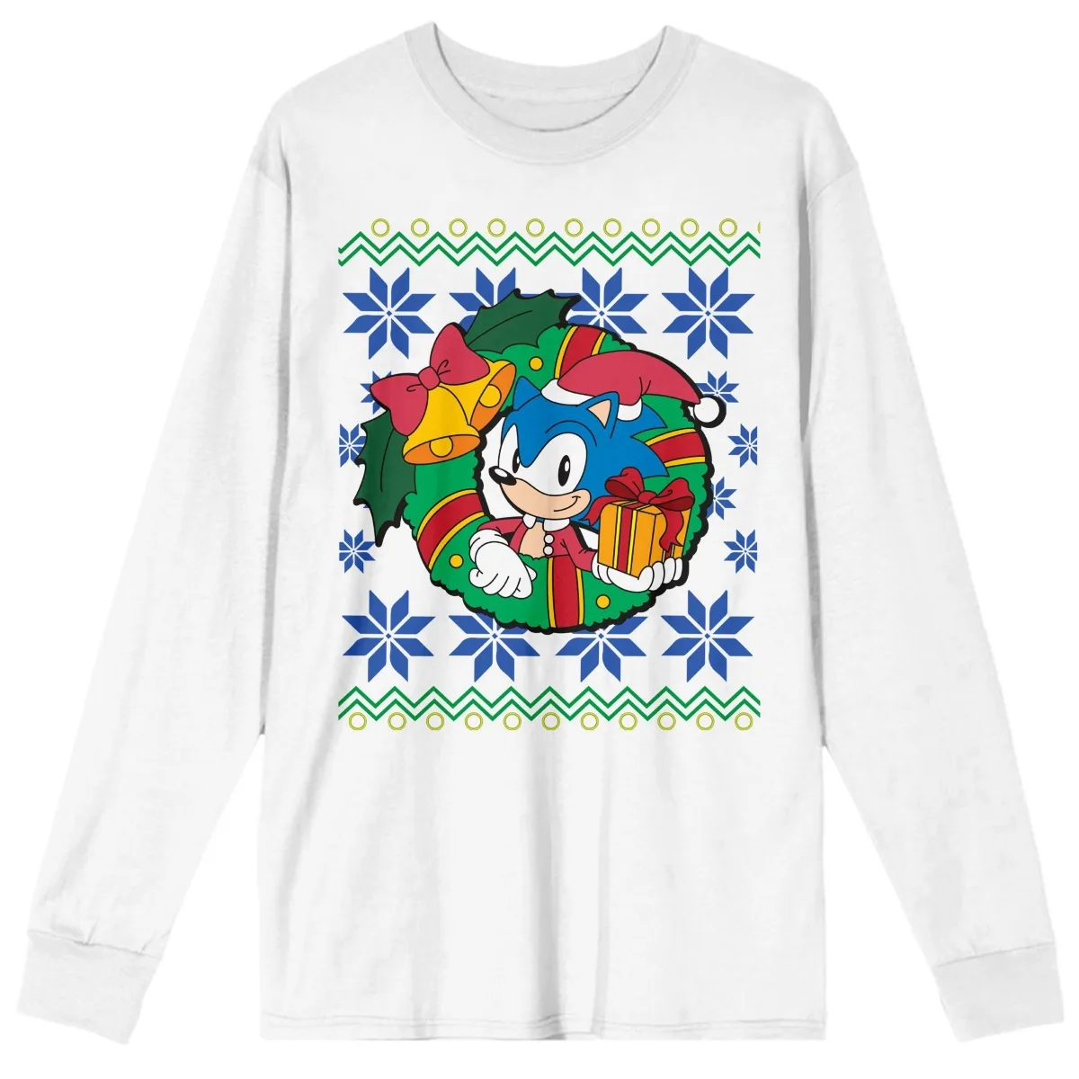 Sonic the Hedgehog Classic Graphic Christmas Wreath Crew Neck Long Sleeve T-Shirt by Sonic the Hedgehog