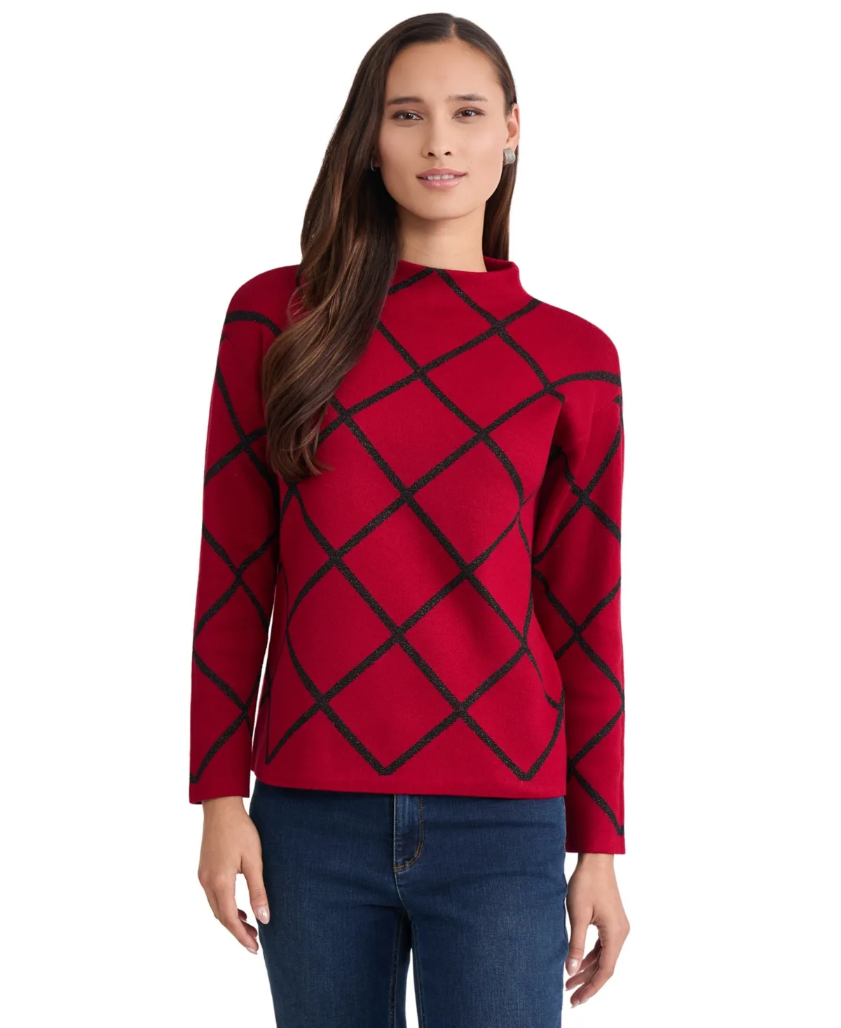 Lurex Diamond Mock Neck Long-Sleeve Sweater by Jones New York