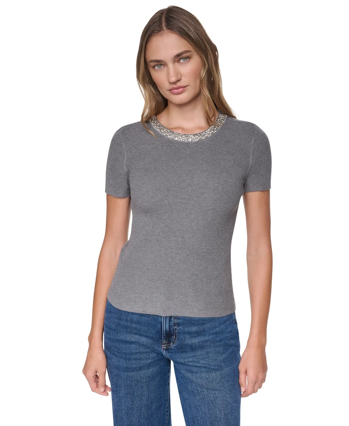 Embellished Ribbed-Knit Short-Sleeve Crewneck Sweater by DKNY